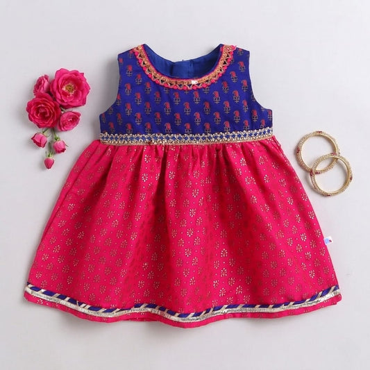 Many Frocks & Chanderi Sleeveless Printed Lace Embellished Knee Length Baby Ethnic Dress - Pink & Blue