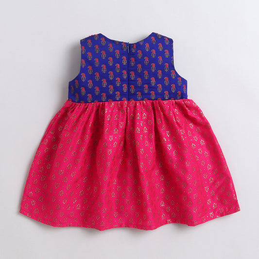 Many Frocks & Chanderi Sleeveless Printed Lace Embellished Knee Length Baby Ethnic Dress - Pink & Blue