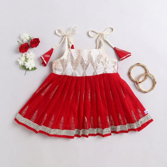 Many Frocks & Chanderi Sleeveless Woven Body Printed Ghera Lace Embellished Knee Length Flared Baby Jhabla Ethnic Dress - Red & White