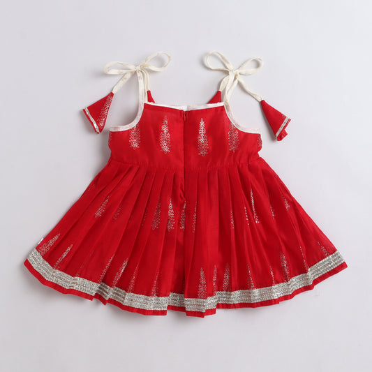 Many Frocks & Chanderi Sleeveless Woven Body Printed Ghera Lace Embellished Knee Length Flared Baby Jhabla Ethnic Dress - Red & White