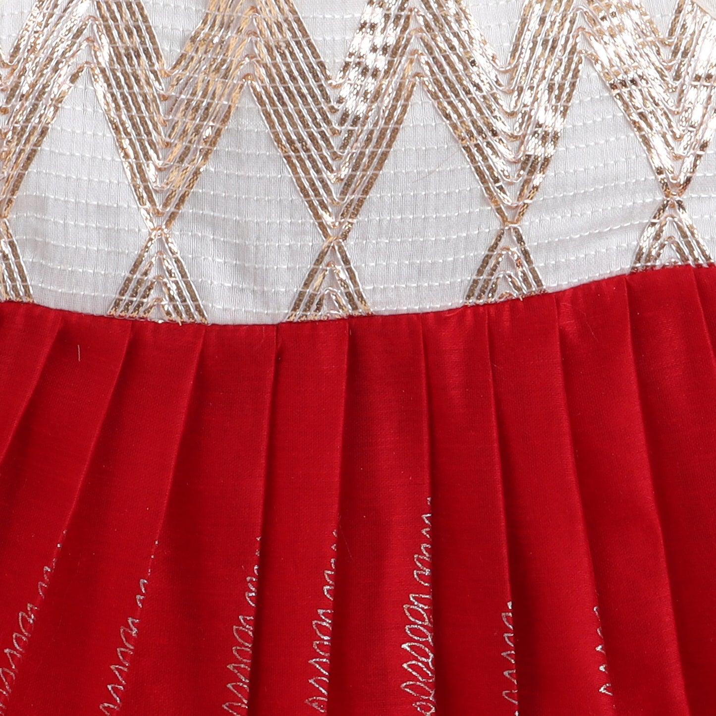 Many Frocks  chanderi sleeveless woven body printed ghera lace embellished knee length flared baby jhabla ethnic dress - Red &amp; White