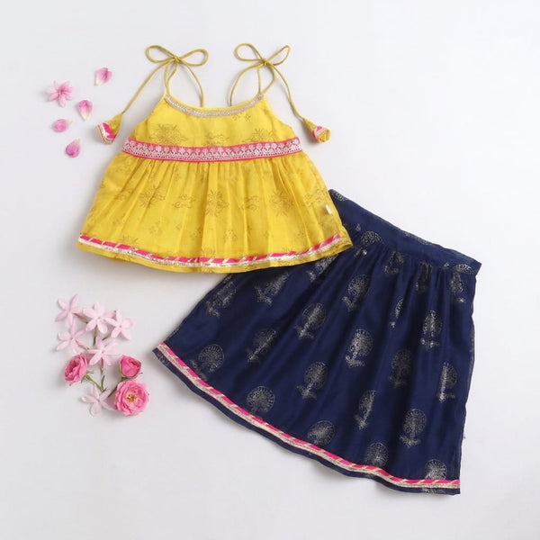 Many Frocks & chanderi sleeveless lace embellished full length baby  lehenga choli Set - Blue & Yellow