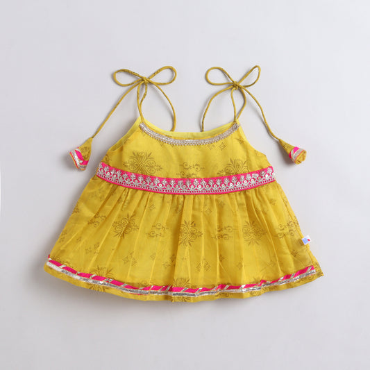 Many Frocks & Chanderi Sleeveless Lace Embellished Full Length Baby Ethnic Lehenga Choli Set - Blue & Yellow