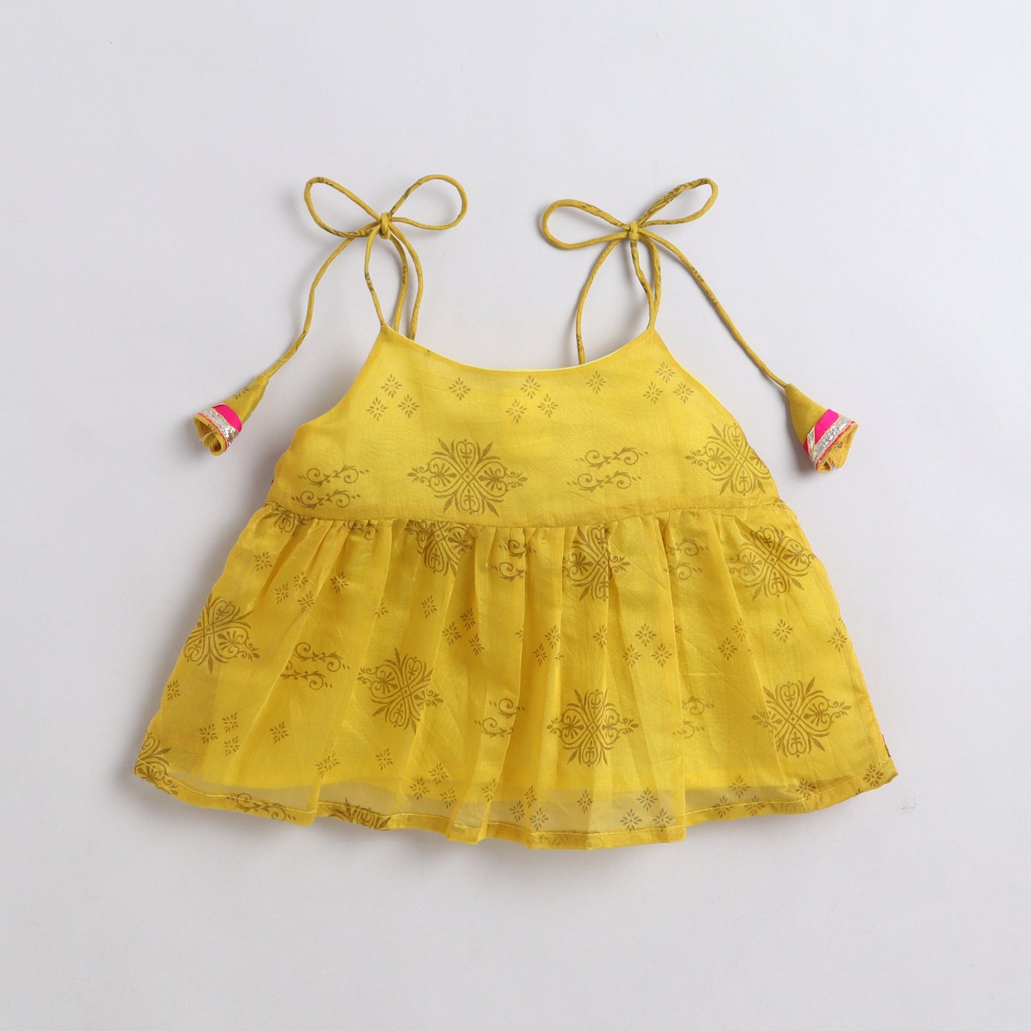 Many Frocks & chanderi sleeveless lace embellished full length baby  lehenga choli Set - Blue & Yellow