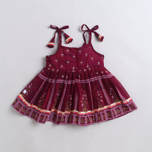 Many Frocks & Chanderi Sleeveless Printed Lace Embellished Knee Length Flared Baby Jhabla Ethnic Dress - Maroon