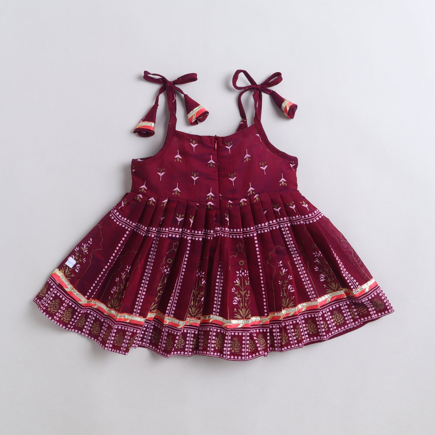 Many Frocks & chanderi sleeveless printed  lace embellished knee length flared baby jhabla ethnic dress - Maroon
