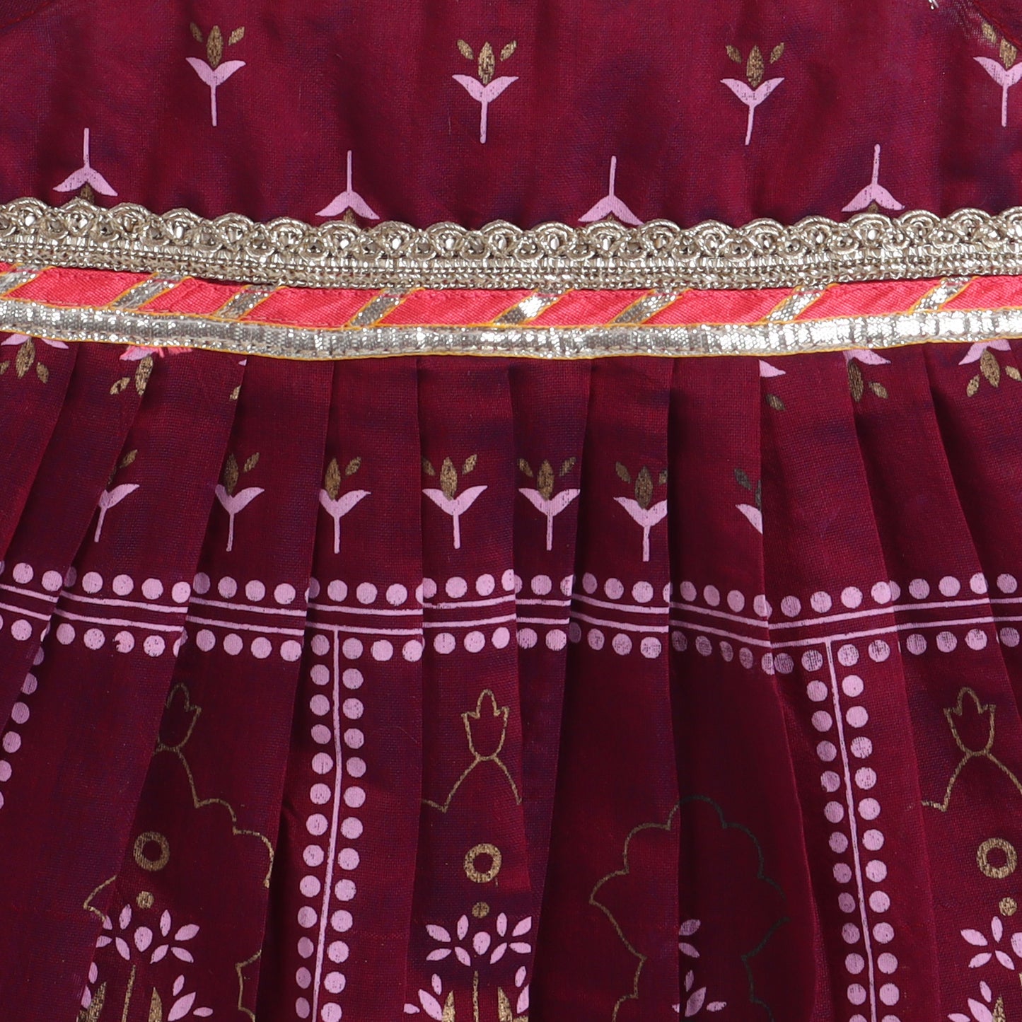Many Frocks & chanderi sleeveless printed  lace embellished knee length flared baby jhabla ethnic dress - Maroon