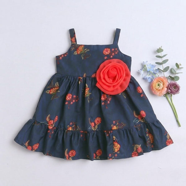 Many Frocks & Sleeveless Floral Print Rose Embellished Baby Party Dress-Navy Blue