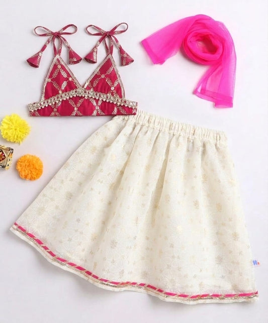 Many Frocks & Chanderi sleeveless lace embellished floral printed lehenga choli dupatta set - Cream & Pink