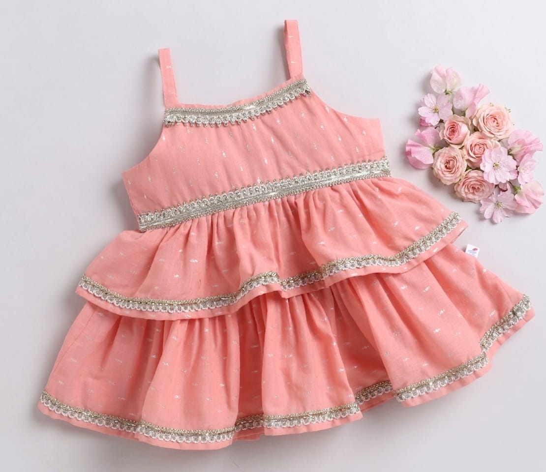 Many Frocks & Cotton Sleeveless Layered Lace Embellished Knee Length Baby Ethnic Dress – Peach