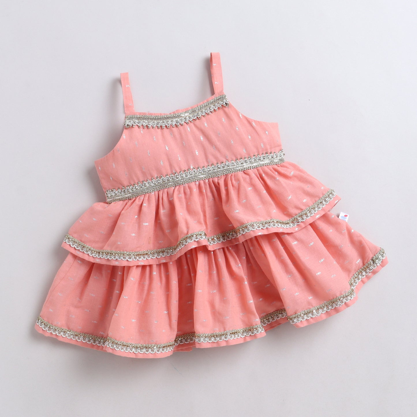 Many Frocks & Cotton Sleeveless Layered Lace Embellished Knee Length Baby Ethnic Dress – Peach