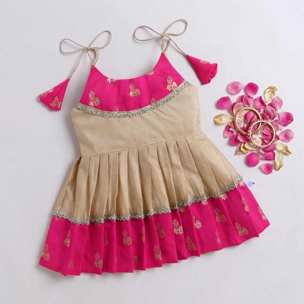 Many Frocks &  Banarasi Sleeveless Lace Embellished  Knee Length Baby Ethnic Dress  - Beige & Pink
