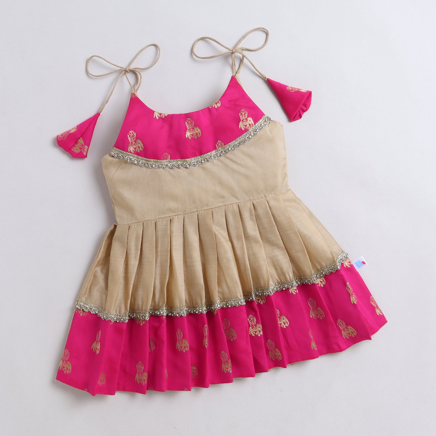 Many Frocks &  Banarasi Sleeveless Lace Embellished  Knee Length Baby Ethnic Dress  - Beige & Pink