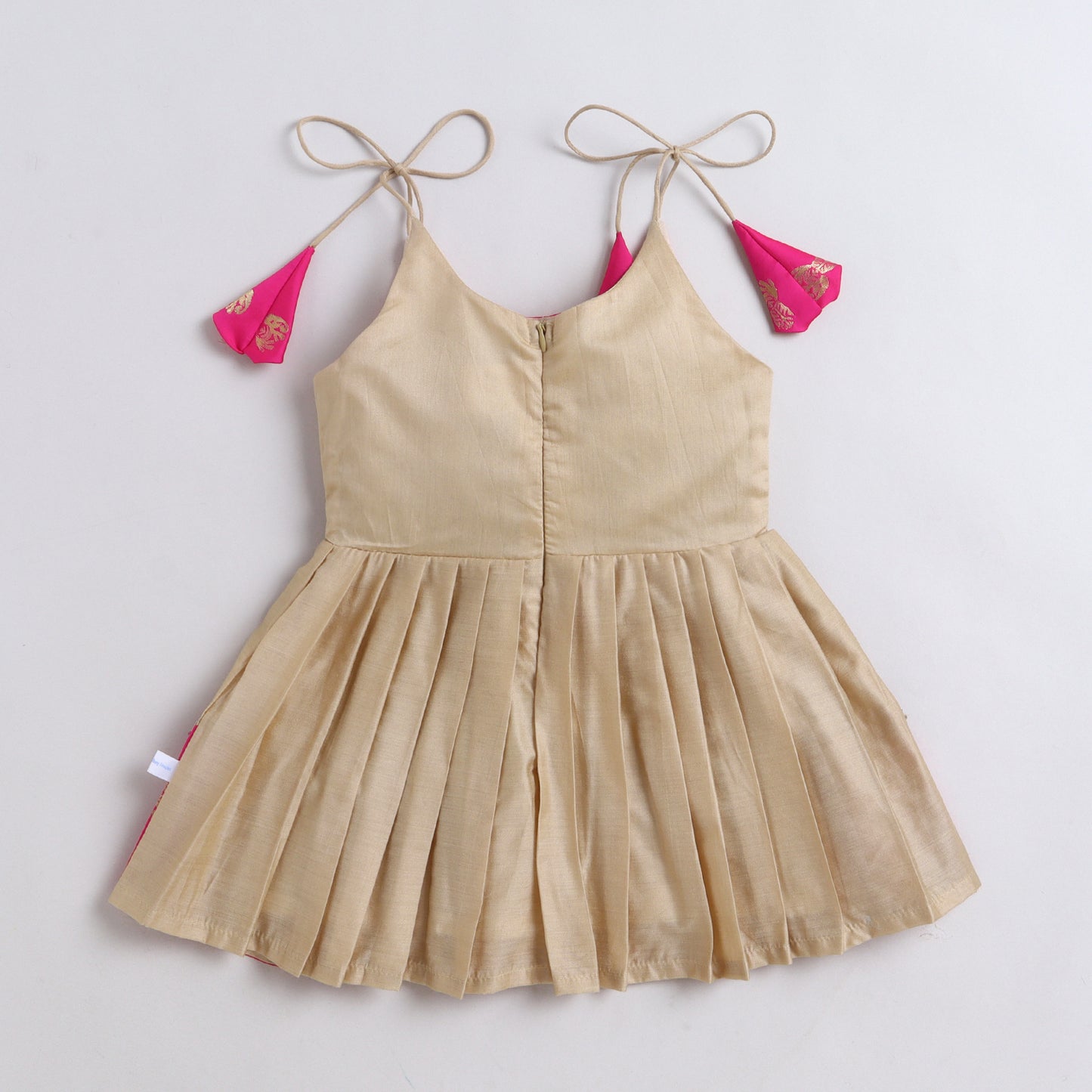 Many Frocks &  Banarasi Sleeveless Lace Embellished  Knee Length Baby Ethnic Dress  - Beige & Pink
