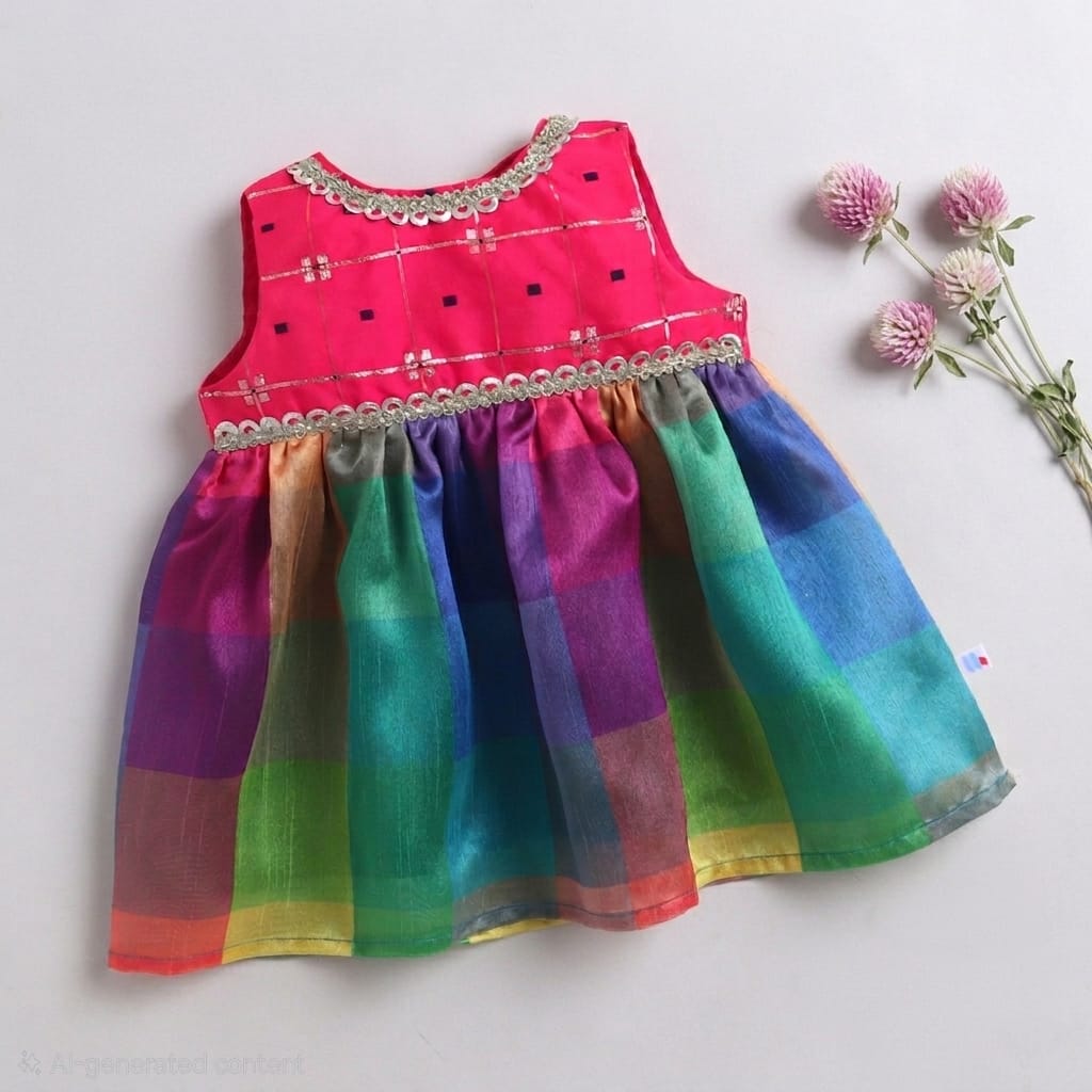 Many Frocks & Silk Sleeveless Lace Embellished  Knee Length Baby Ethnic Dress  - Multi Colour