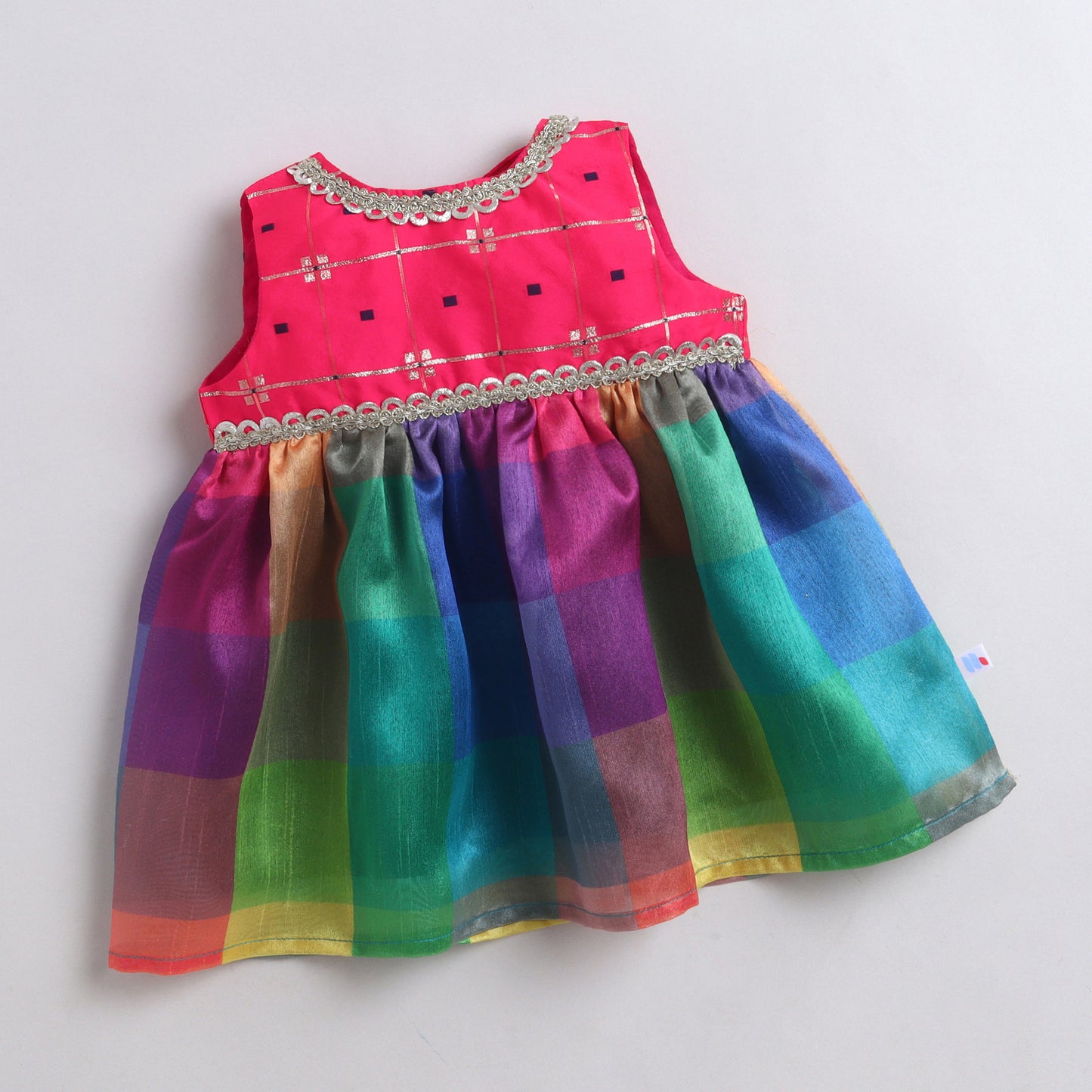 Many Frocks & Silk Sleeveless Lace Embellished  Knee Length Baby Ethnic Dress  - Multi Colour