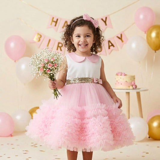 Many Frocks &  Net  Sleeveless Lace Embellished  Knee Length Baby Party Dress  - Light Pink