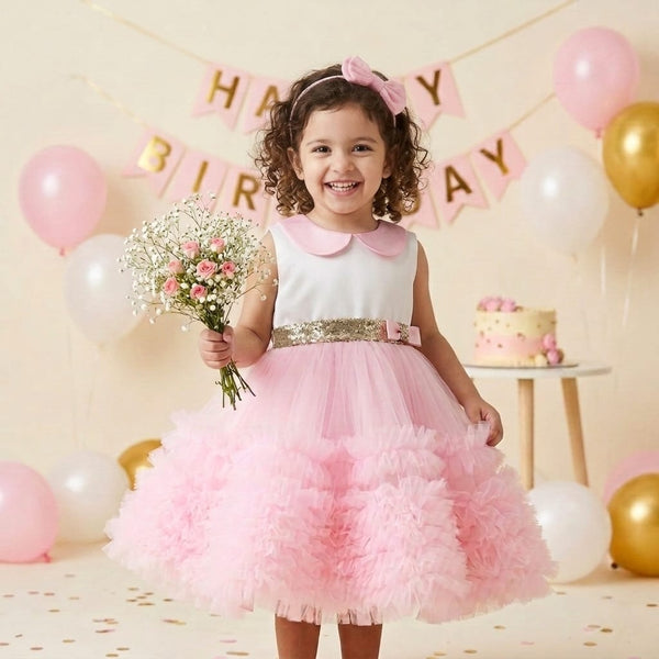 Many Frocks &  Net  Sleeveless Lace Embellished  Knee Length Baby Party Dress  - Light Pink