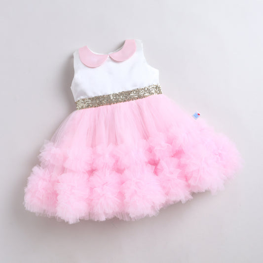 Many Frocks &  Net  Sleeveless Lace Embellished  Knee Length Baby Party Dress  - Light Pink