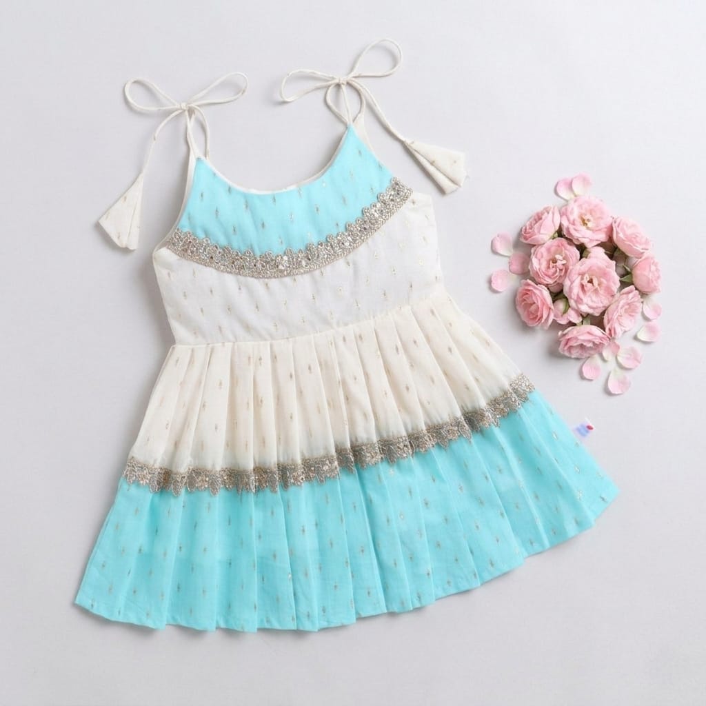 Many Frocks &  Cotton Sleeveless Lace Embellished  Knee Length Ethnic Baby Ethnic Dress  - Cream & Light Blue