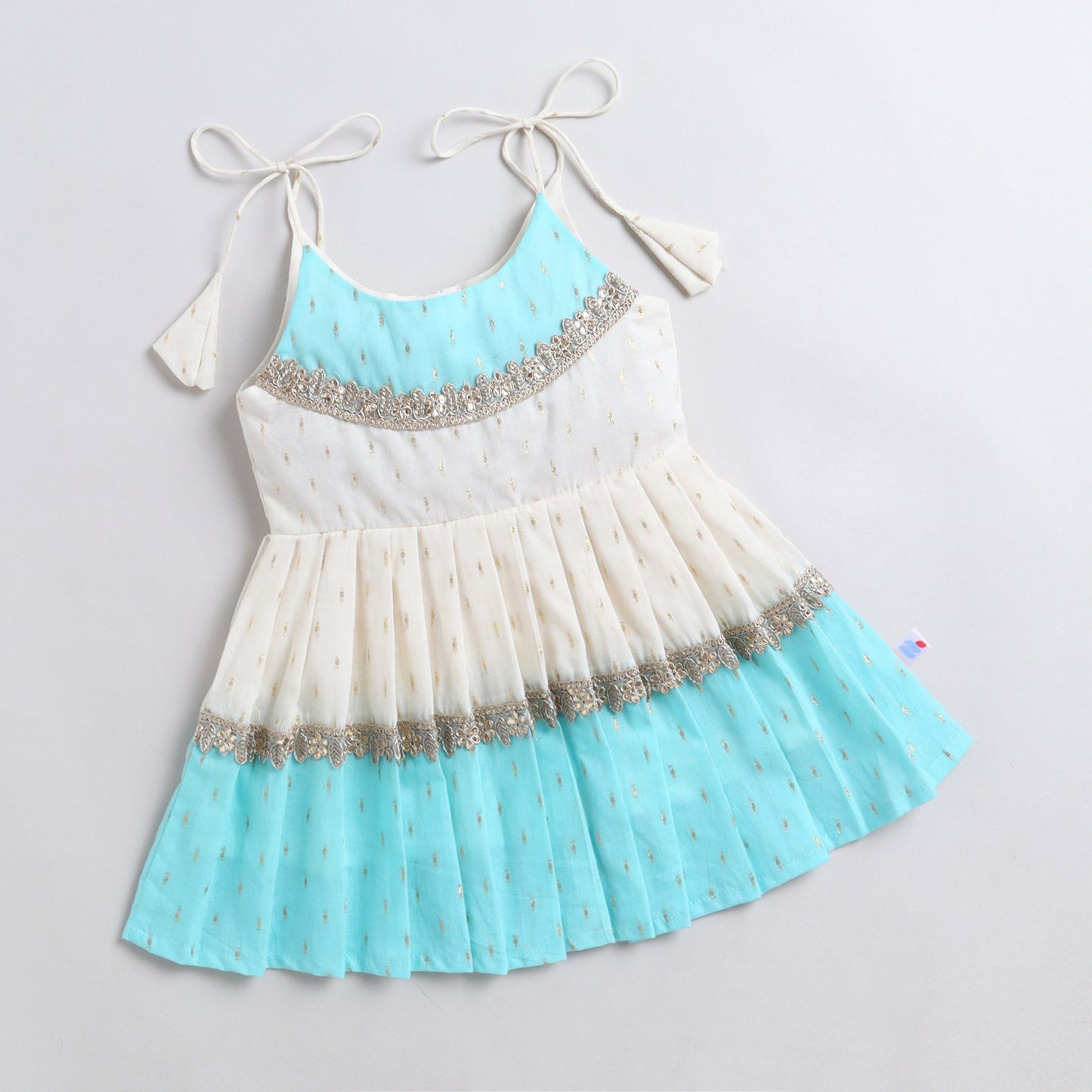 Many Frocks &  Cotton Sleeveless Lace Embellished  Knee Length Ethnic Baby Ethnic Dress  - Cream & Light Blue