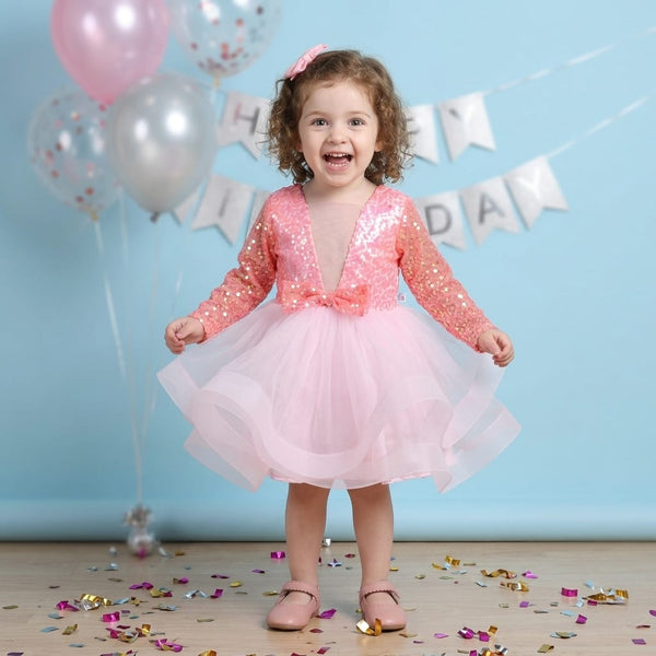 Many Frocks & Net & Sequin Short Sleeve Bow Embellished  Knee Length Baby Party Dress  - Pink & Peach