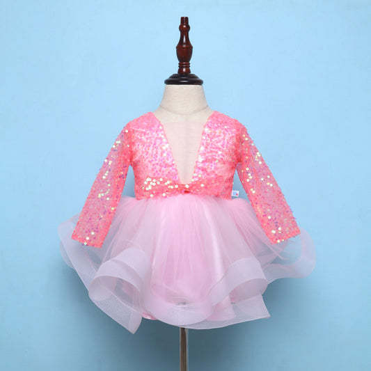 Many Frocks & Net & Sequin Short Sleeve Bow Embellished Knee Length Baby Party Dress - Pink & Peach
