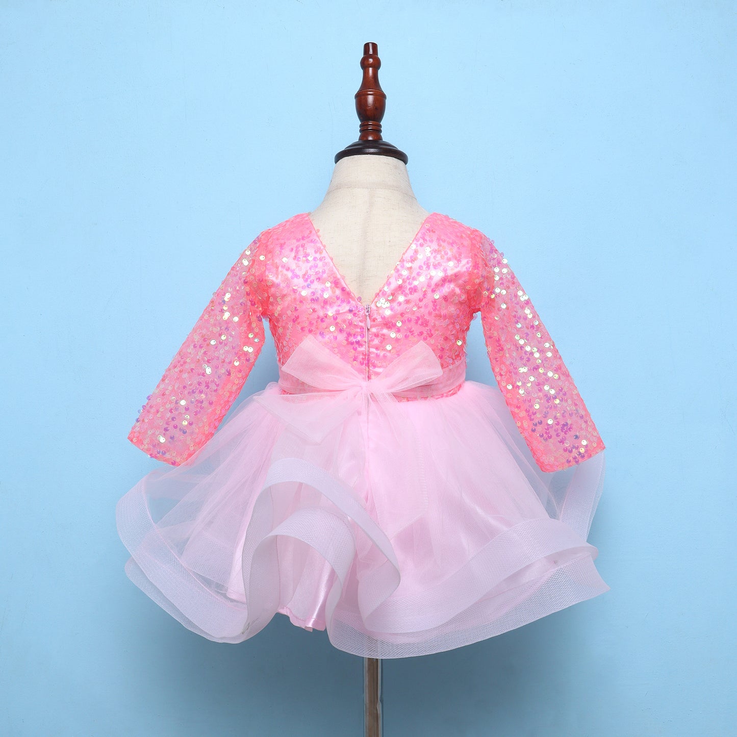 Many Frocks & Net & Sequin Short Sleeve Bow Embellished  Knee Length Baby Party Dress  - Pink & Peach