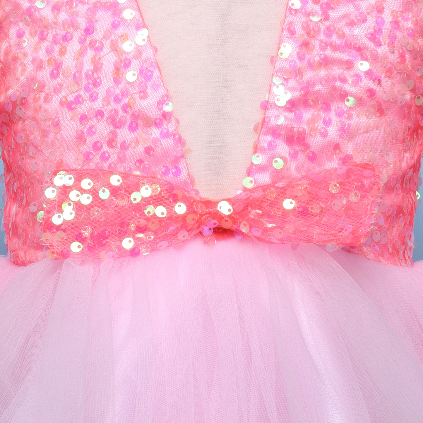 Many Frocks & Net & Sequin Short Sleeve Bow Embellished  Knee Length Baby Party Dress  - Pink & Peach