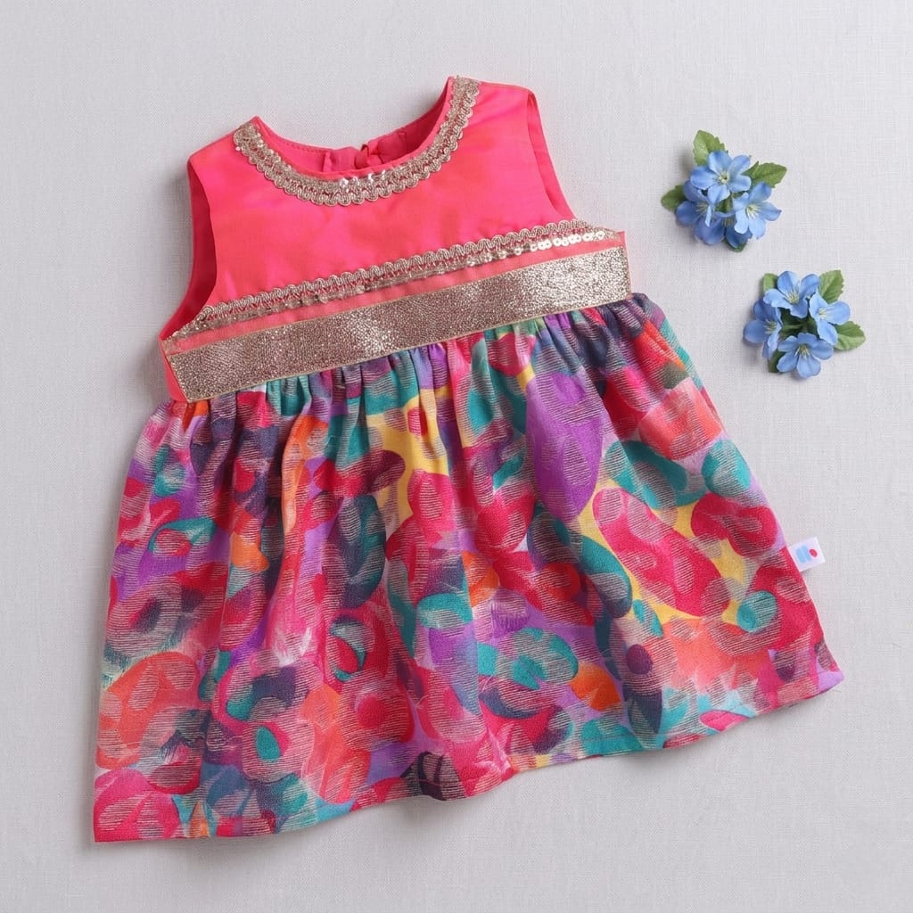 Many Frocks &  Cotton Brasso Sleeveless Lace Embellished  Knee Length Baby Ethnic Dress  - Multicolour & Pink