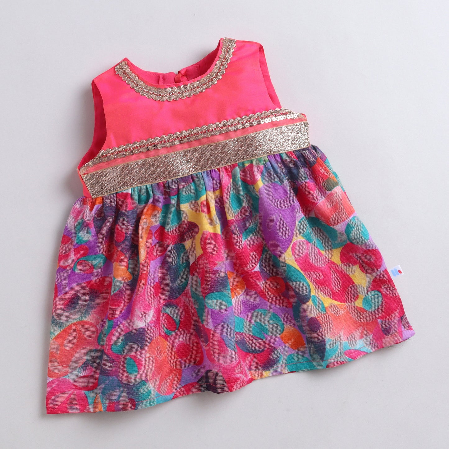Many Frocks &  Cotton Brasso Sleeveless Lace Embellished  Knee Length Baby Ethnic Dress  - Multicolour & Pink