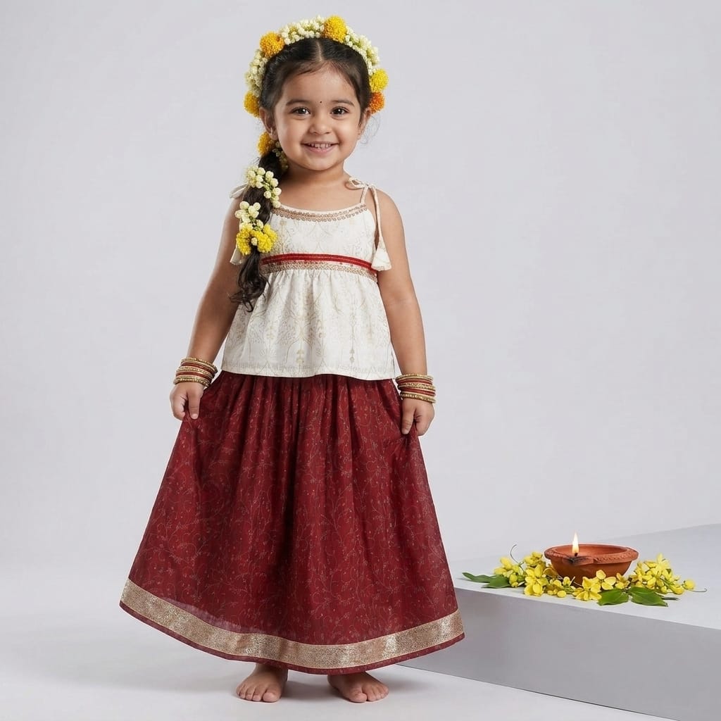 Many Frocks & Chanderi Sleeveless Lace Embellished Full Length Lehenga Choli Baby Ethnic Set- Off White & Maroon