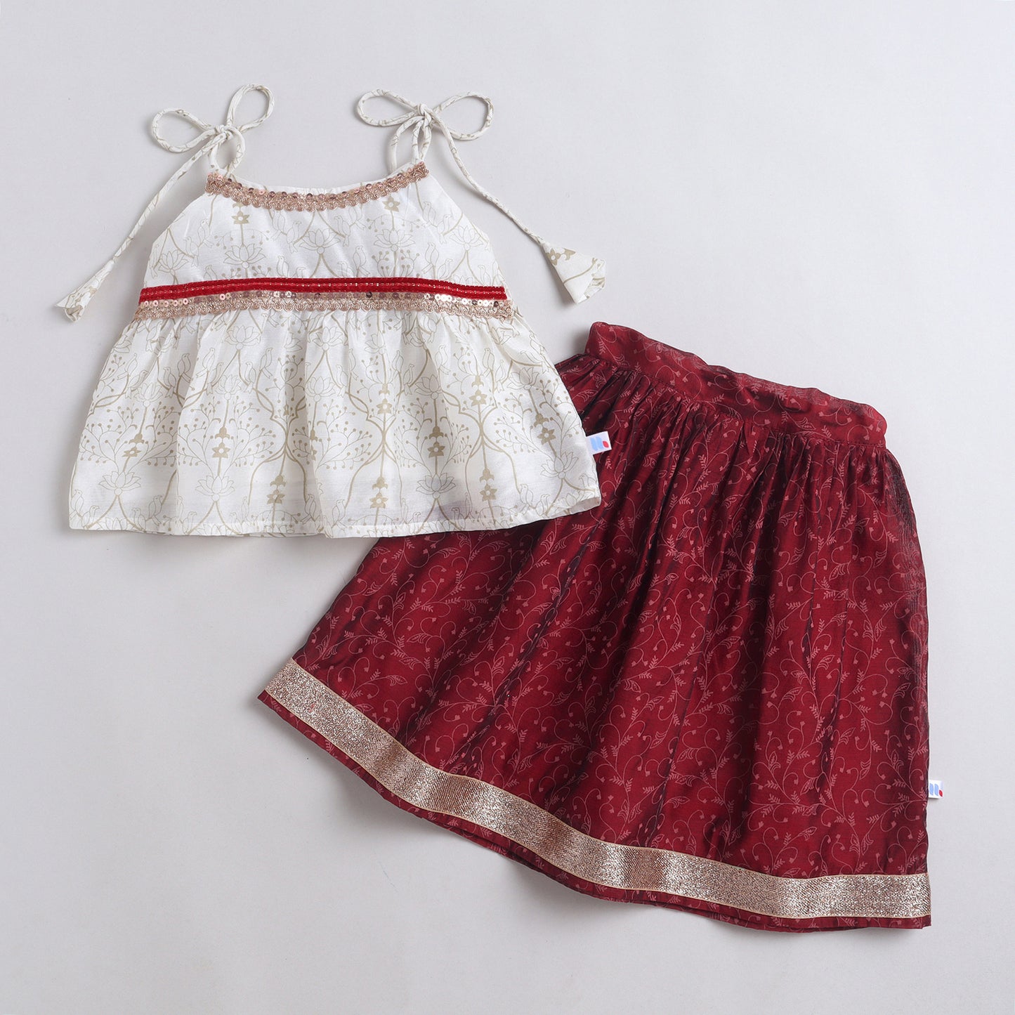 Many Frocks & Chanderi Sleeveless Lace Embellished Full Length Lehenga Choli Baby Ethnic Set- Off White & Maroon