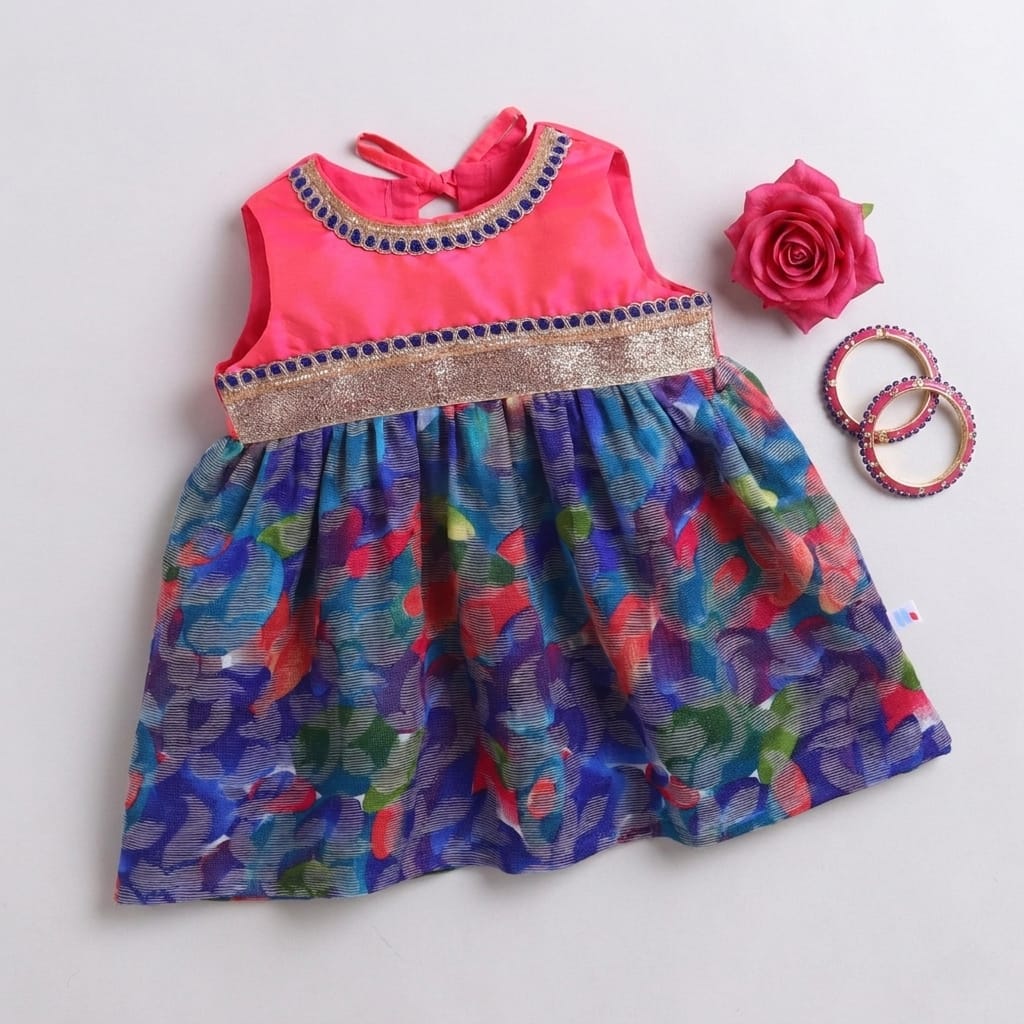 Many Frocks &  Cotton Brasso Sleeveless Lace Embellished  Knee Length Baby Ethnic Dress  - Blue & Pink