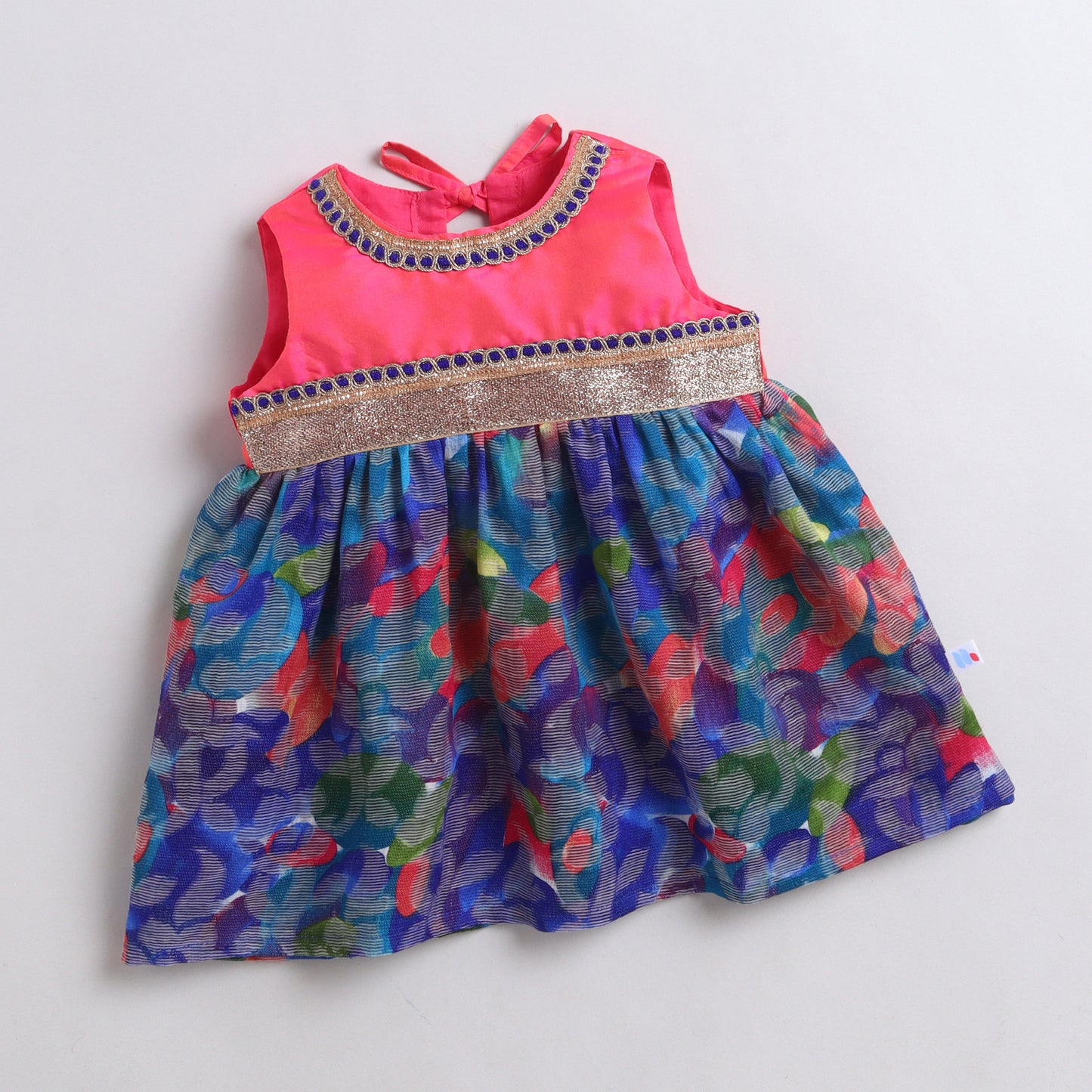 Many Frocks &  Cotton Brasso Sleeveless Lace Embellished  Knee Length Baby Ethnic Dress  - Blue & Pink