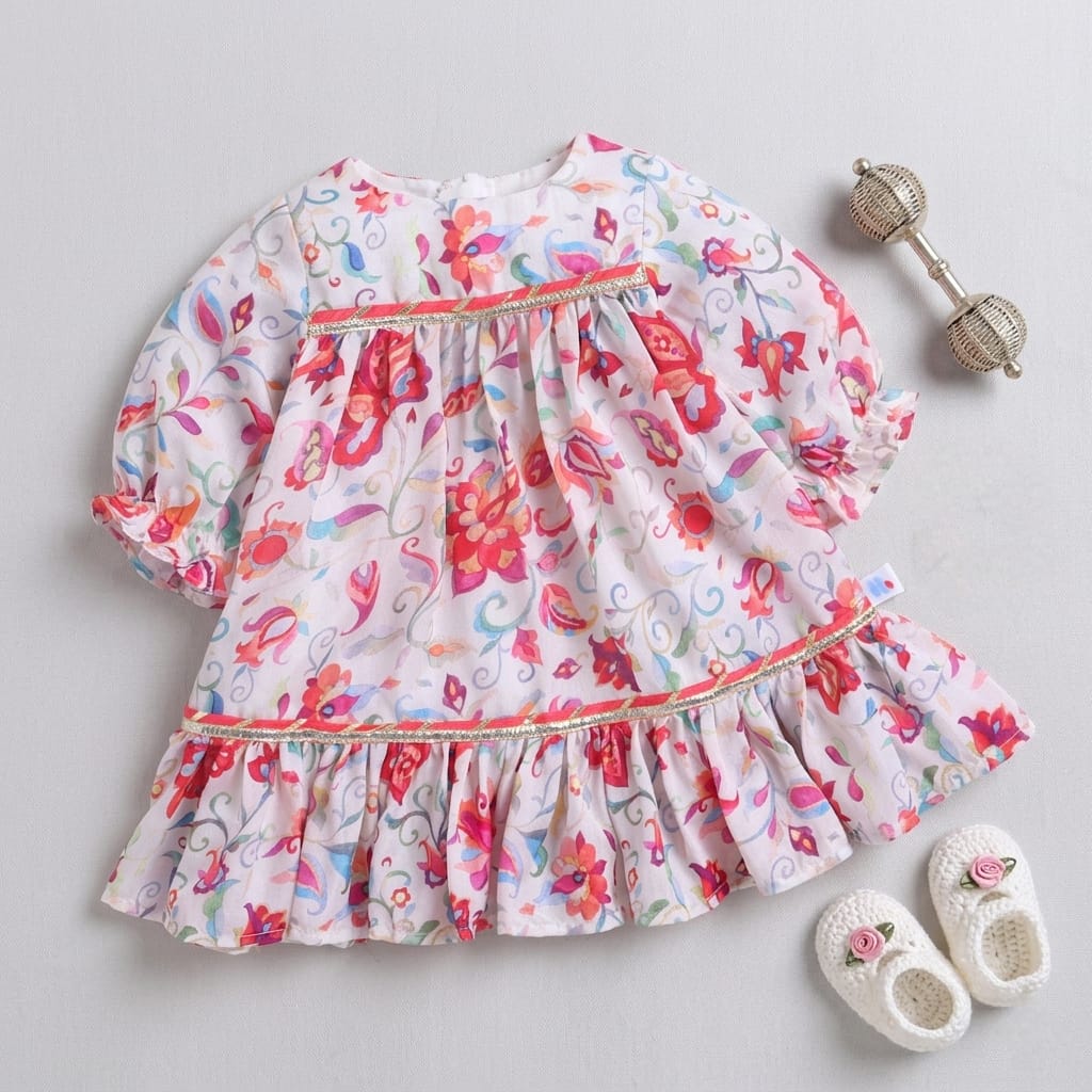 Many Frocks & Short Sleeves  Floral Printed Lace Embellished Knee Length Flared A Line  Baby Ethnic Dress -Pink