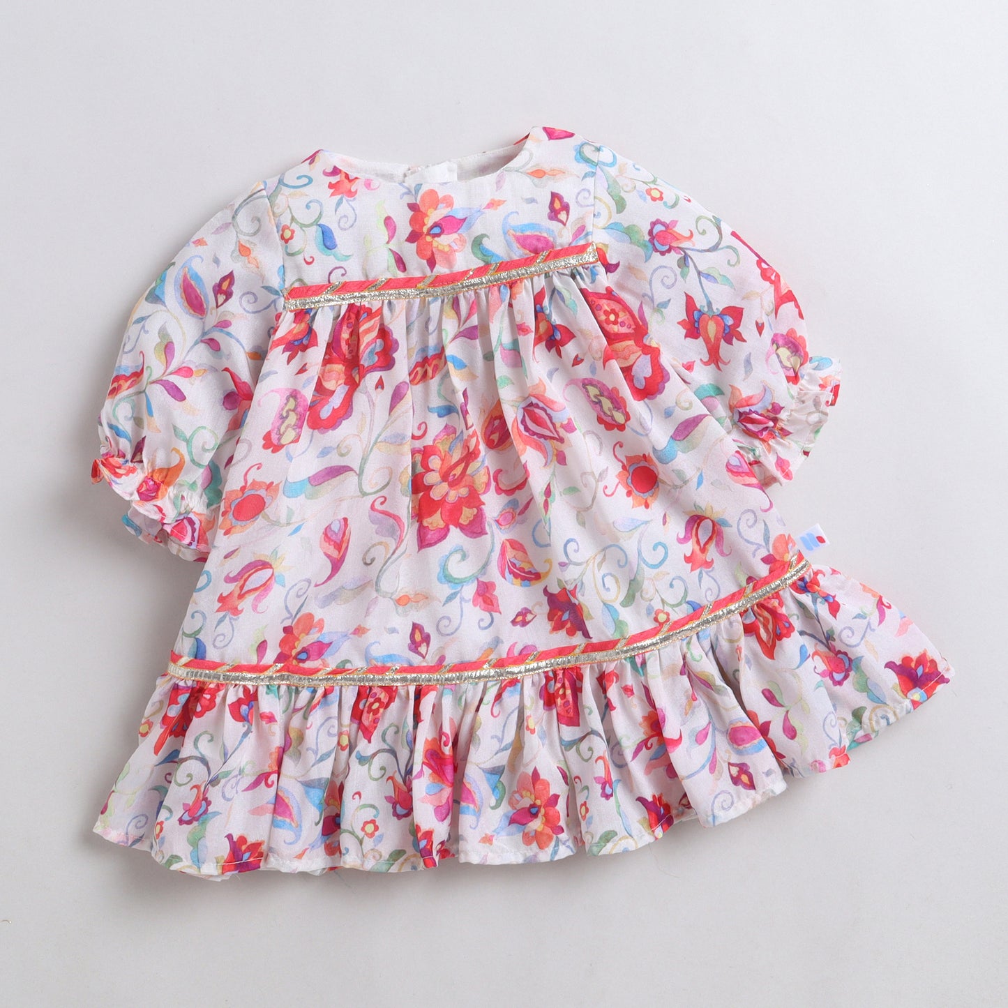 Many Frocks & Short Sleeves  Floral Printed Lace Embellished Knee Length Flared A Line  Baby Ethnic Dress -Pink