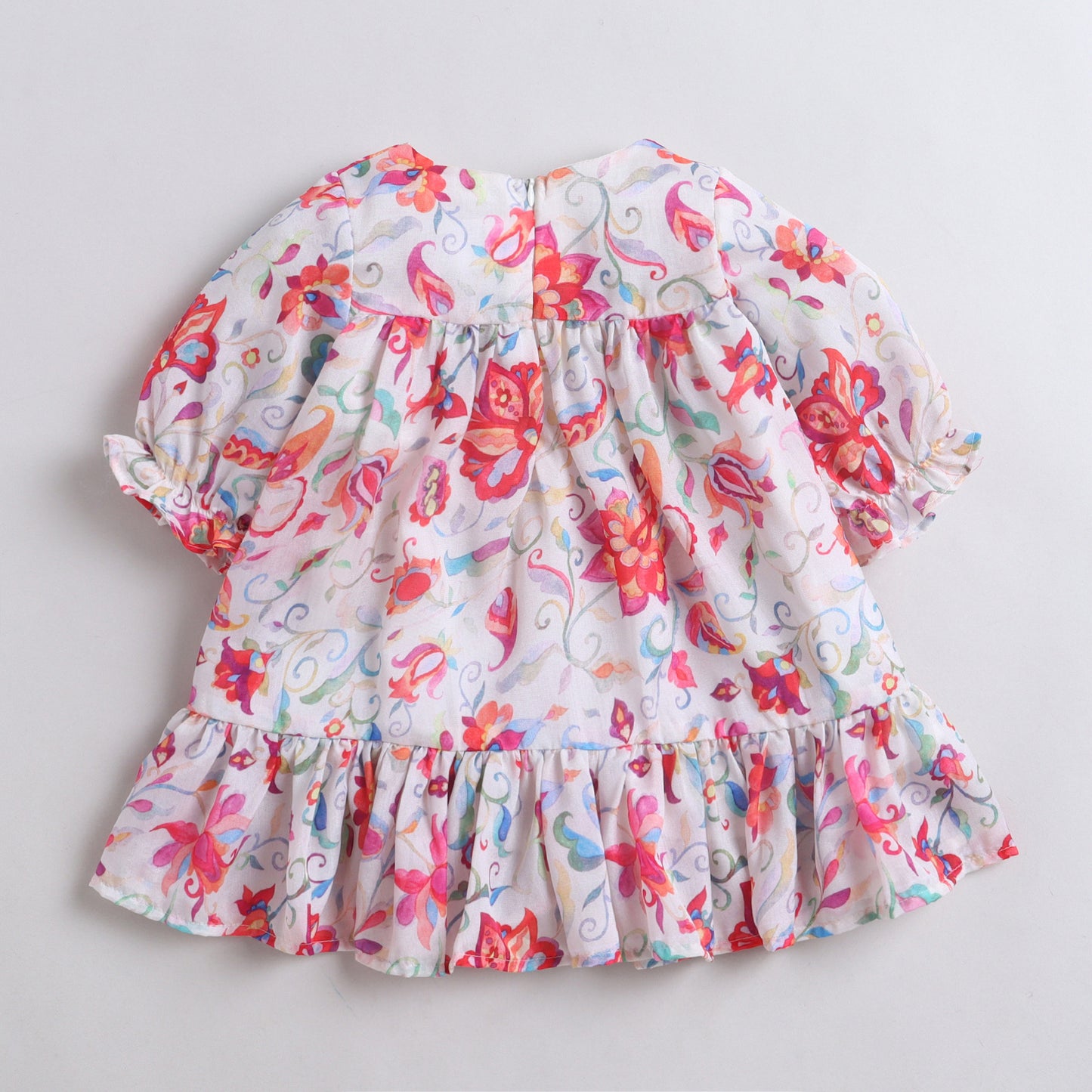 Many Frocks & Short Sleeves  Floral Printed Lace Embellished Knee Length Flared A Line  Baby Ethnic Dress -Pink