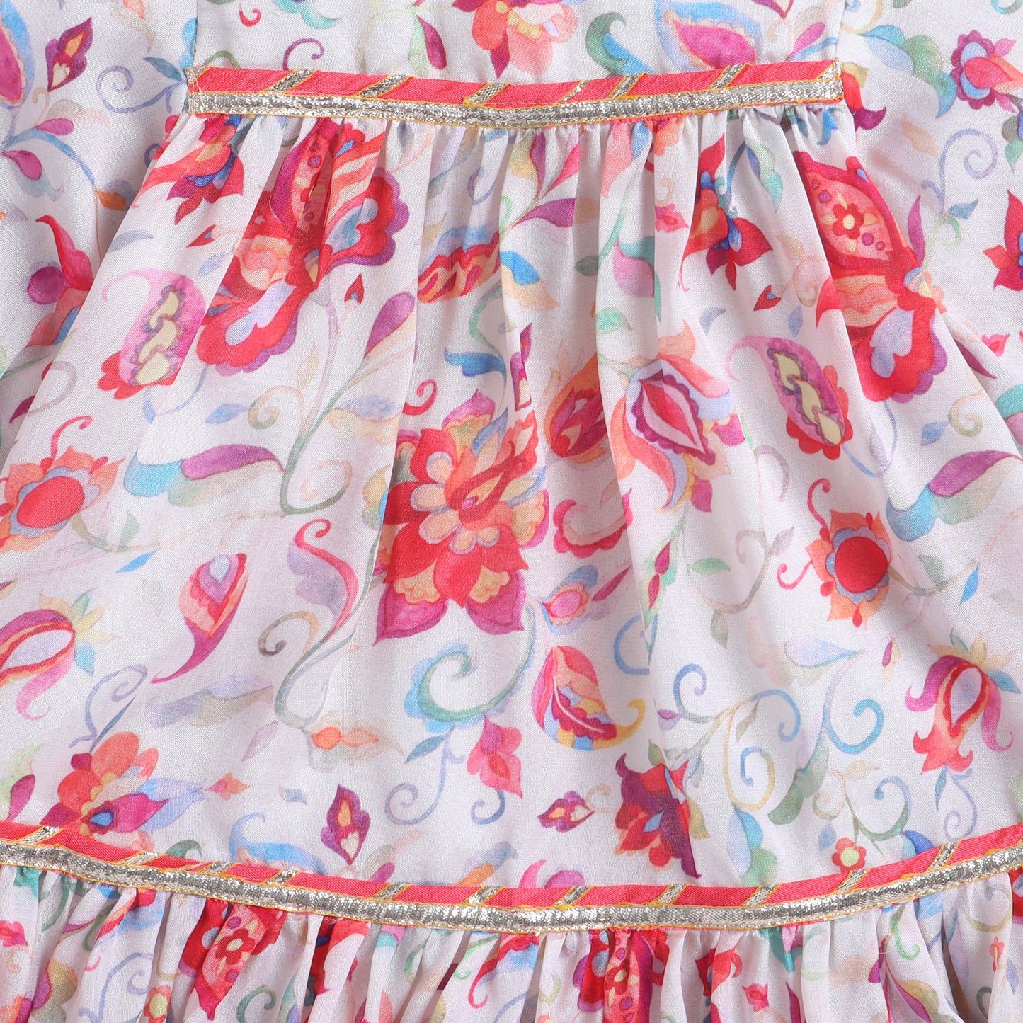Many Frocks & Short Sleeves  Floral Printed Lace Embellished Knee Length Flared A Line  Baby Ethnic Dress -Pink
