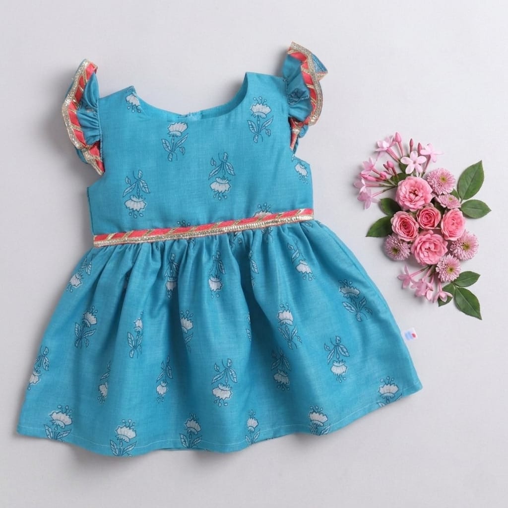 Many Frocks & Flutter Sleeves Lace Embellished Knee Length Girls Ethnic Dress - Blue