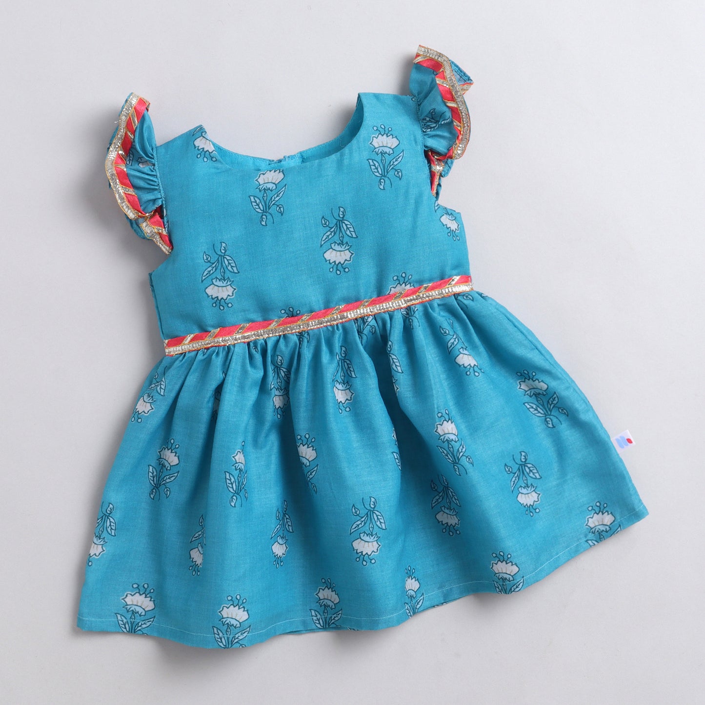 Many Frocks & Flutter Sleeves Lace Embellished Knee Length Girls Ethnic Dress - Blue
