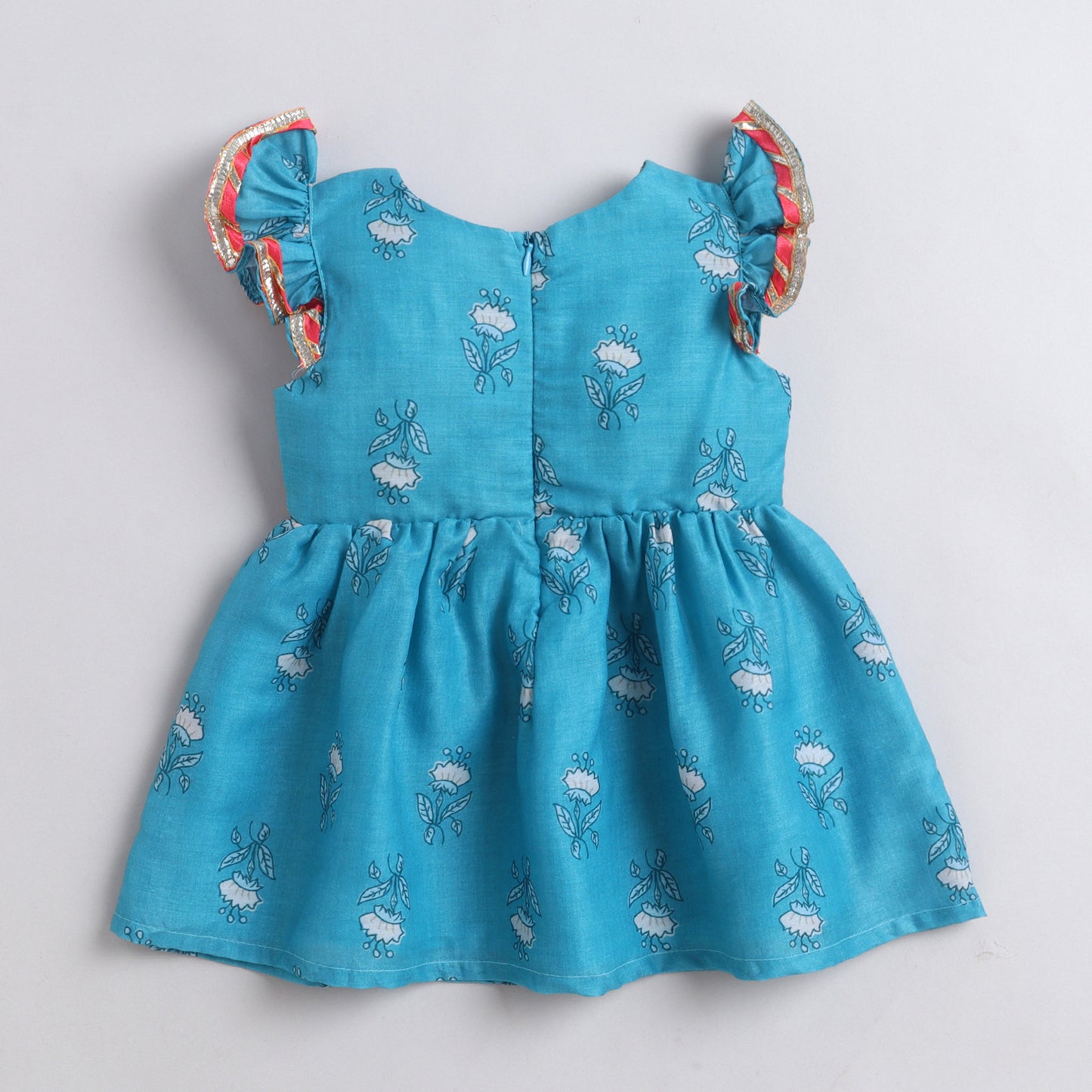 Many Frocks & Flutter Sleeves Lace Embellished Knee Length Girls Ethnic Dress - Blue