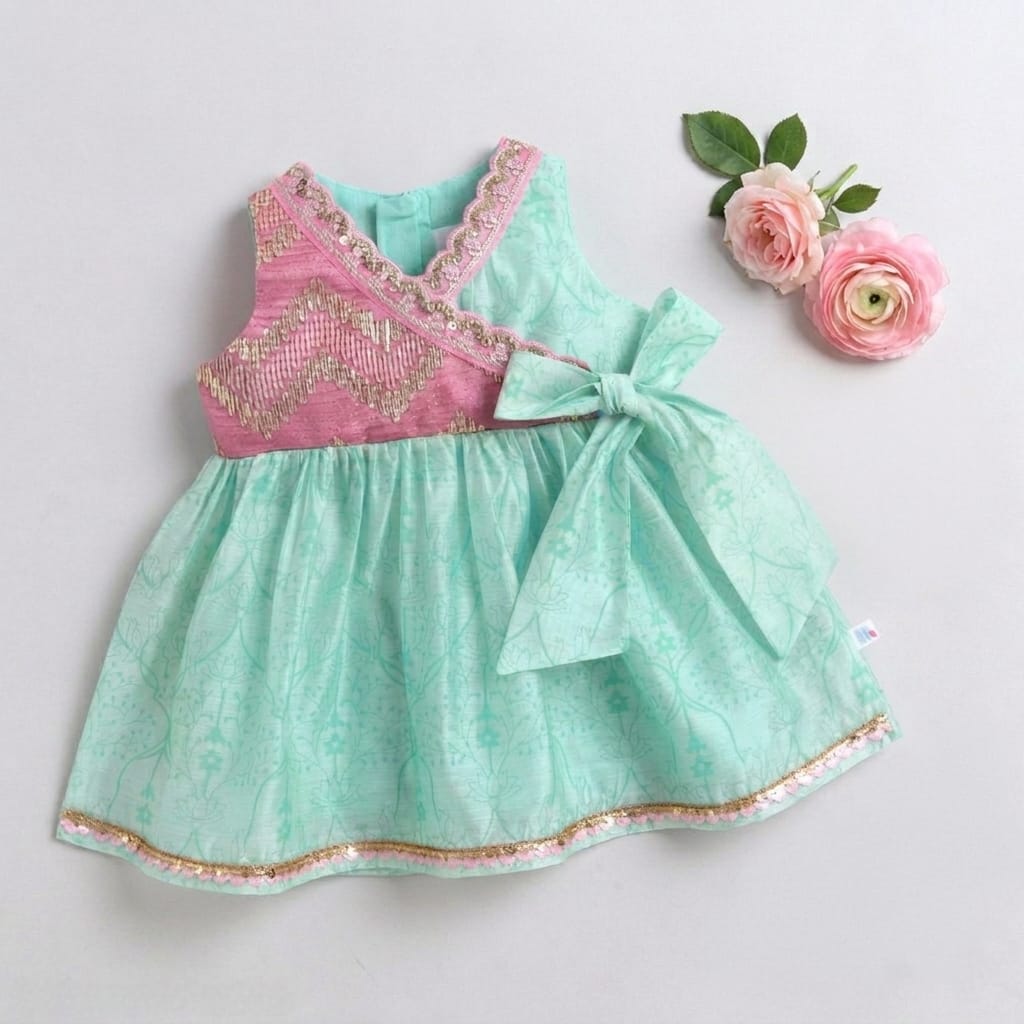 Many Frocks & Chanderi Sleeveless lace embellished overlapping Gotapatti Lace Work Patch Koti Knee Length Baby Ethnic Dress -Sea Green & Pink