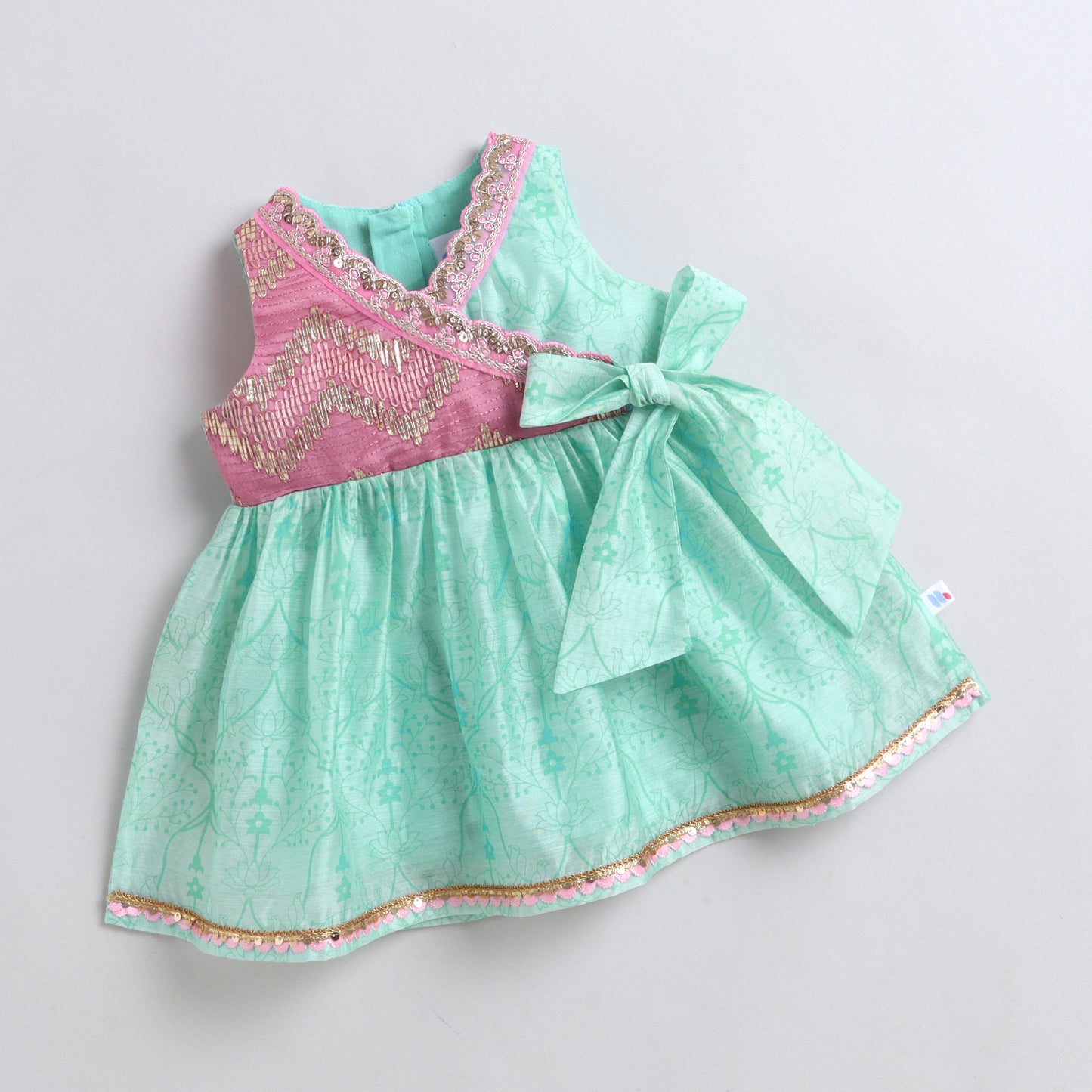 Many Frocks & Chanderi Sleeveless lace embellished overlapping Gotapatti Lace Work Patch Koti Knee Length Baby Ethnic Dress -Sea Green & Pink
