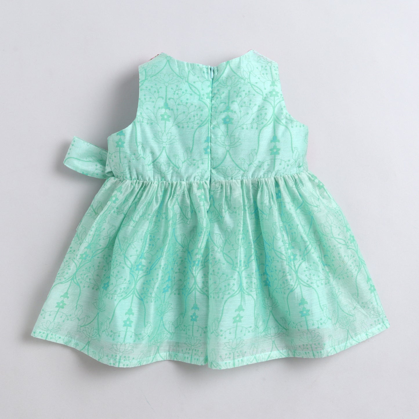 Many Frocks & Chanderi Sleeveless lace embellished overlapping Gotapatti Lace Work Patch Koti Knee Length Baby Ethnic Dress -Sea Green & Pink