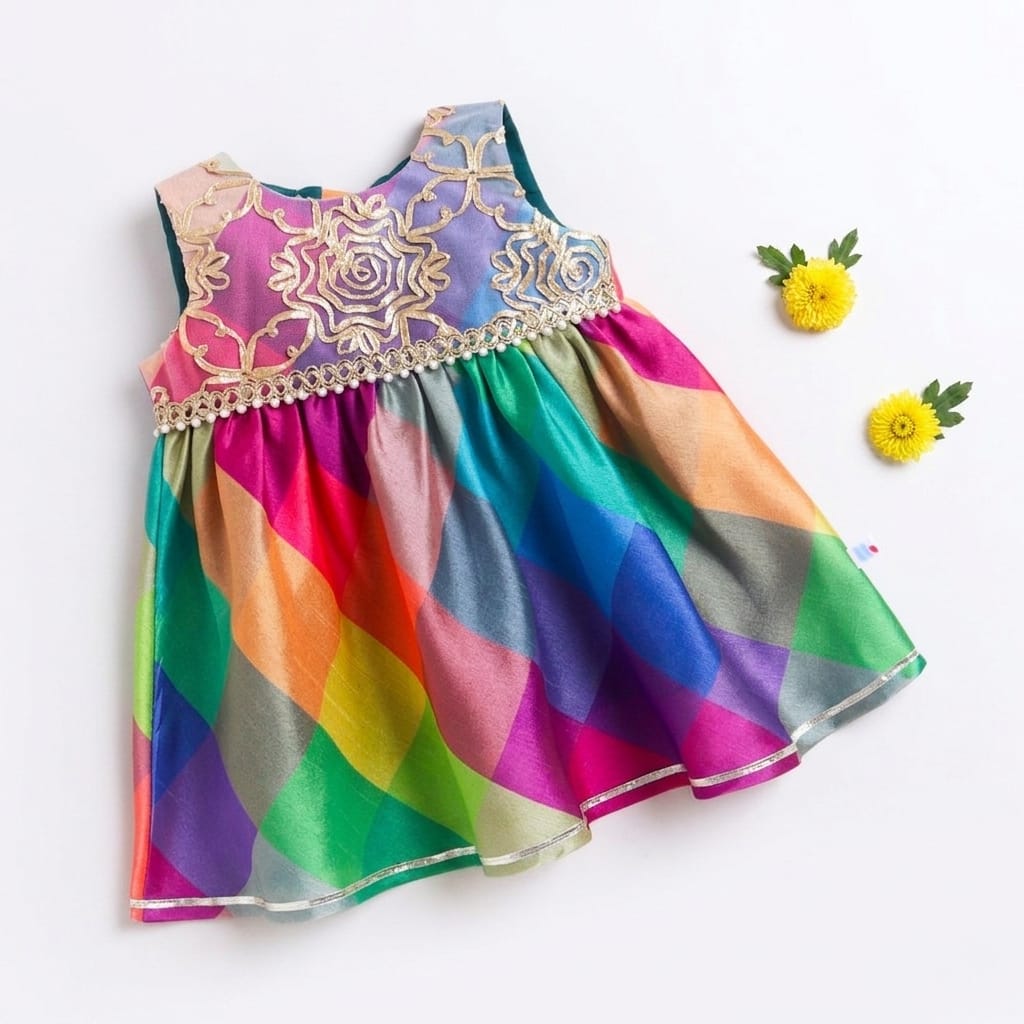 Many Frocks &  Silk Sleeveless Moti Lace Embellished  Knee Length Baby Ethnic Dress  - Multi Colour