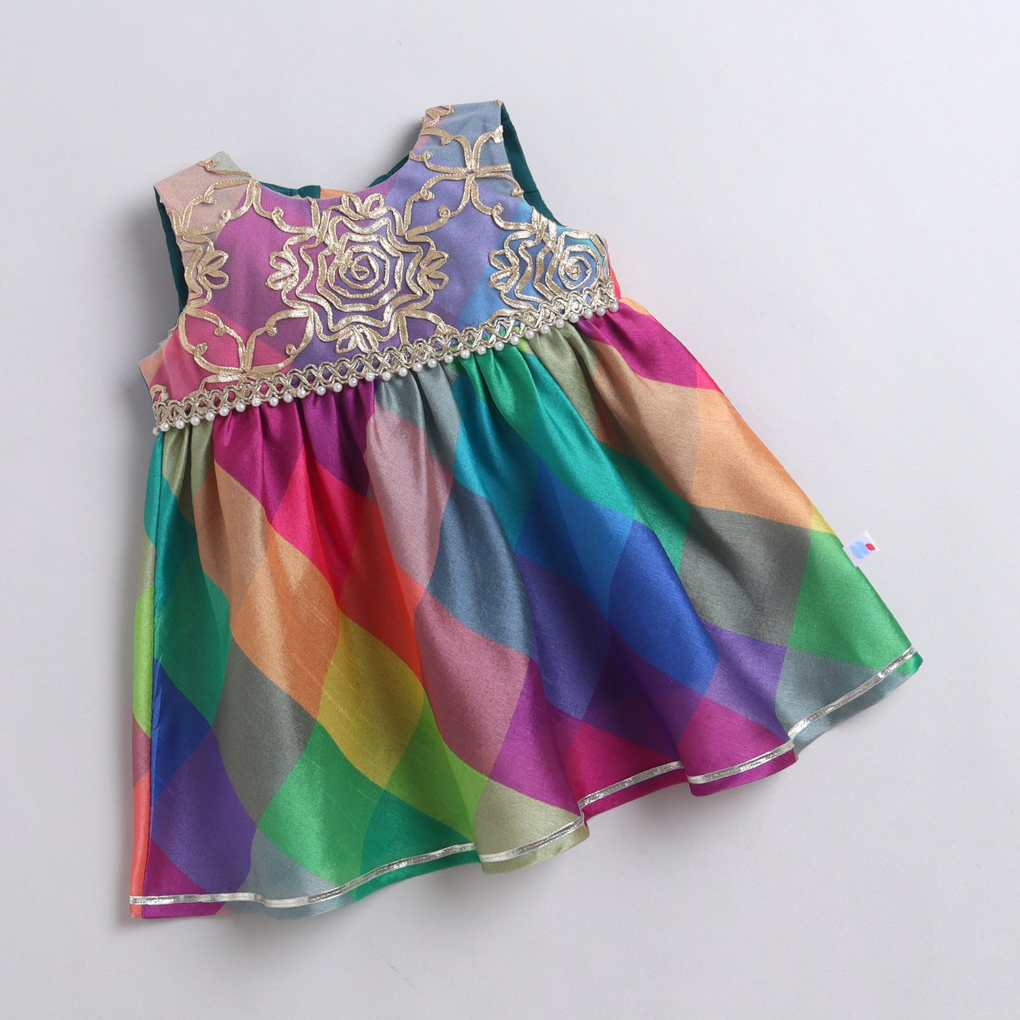 Many Frocks &  Silk Sleeveless Moti Lace Embellished  Knee Length Baby Ethnic Dress  - Multi Colour