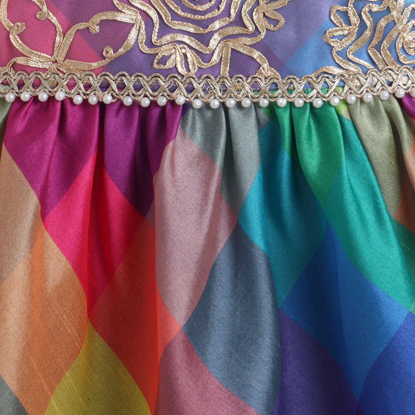 Many Frocks &  Silk Sleeveless Moti Lace Embellished  Knee Length Baby Ethnic Dress  - Multi Colour