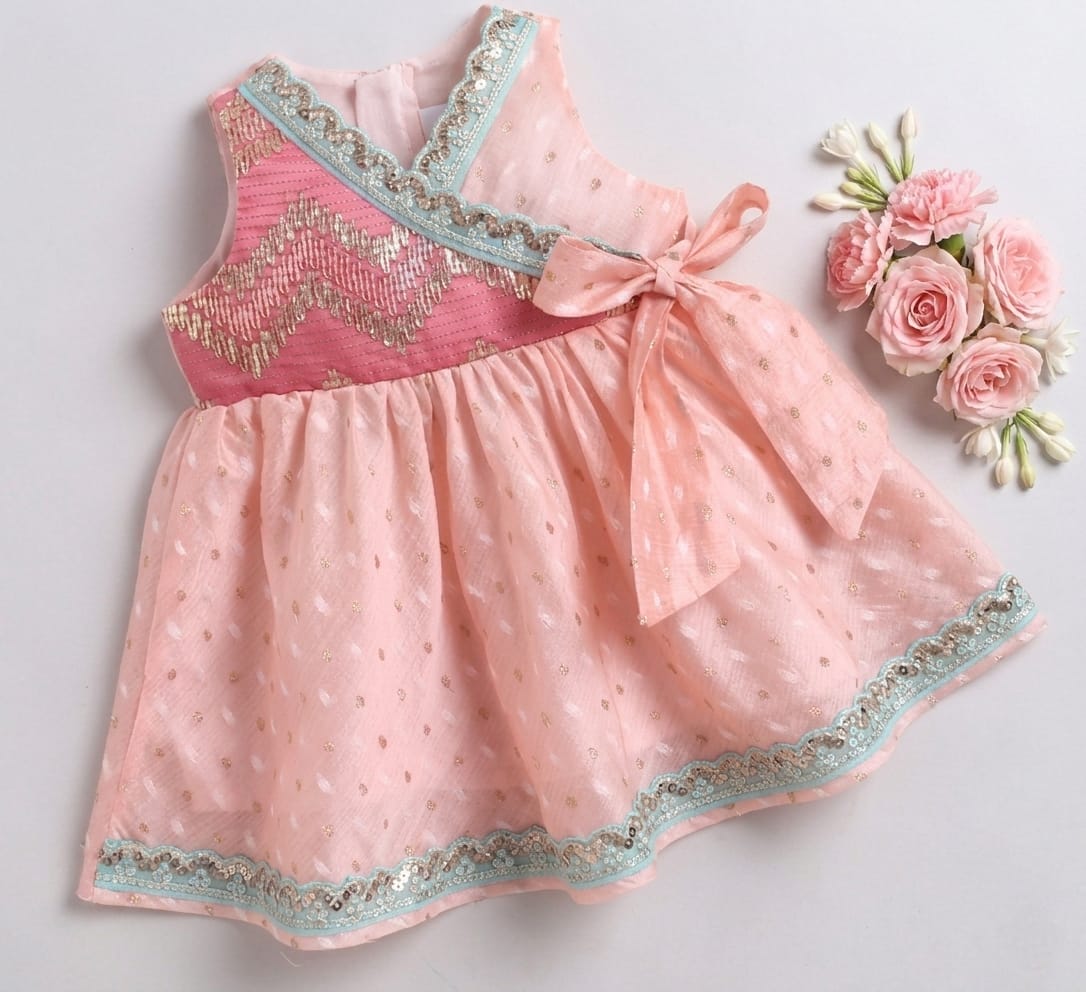 Many Frocks & Chanderi Sleeveless lace embellished overlapping Gotapatti Lace Work Patch Koti Knee Length Baby Ethnic Dress -Pink