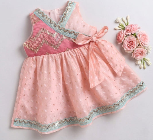 Many Frocks & Chanderi Sleeveless lace embellished overlapping Gotapatti Lace Work Patch Koti Knee Length Baby Ethnic Dress -Pink